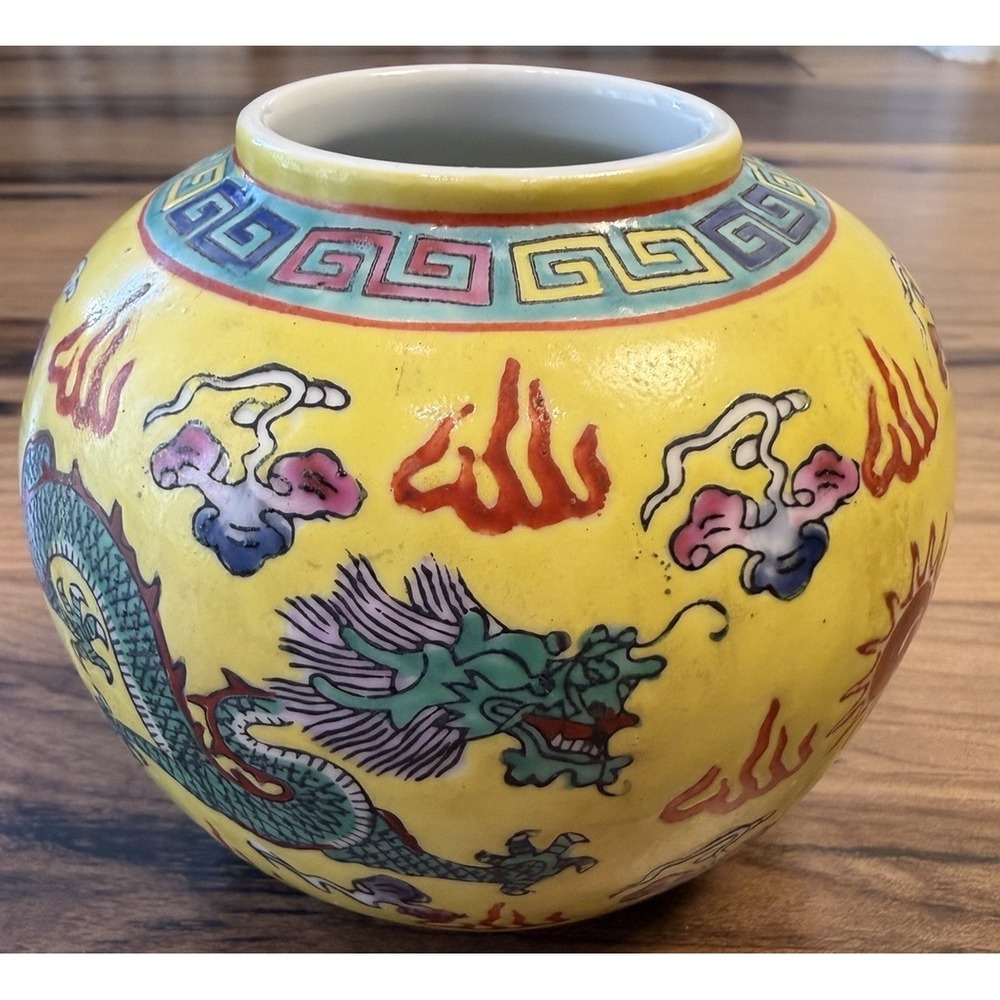 Vintage Yellow Dragon Porcelain Vase Decorated in Hong Kong Chinese Style 5"